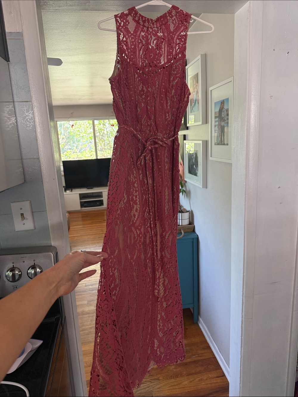 Sleeveless Lace Maxi Dress in Deep Rose with nude underlay